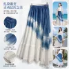 Blue and white gradient tie-dyed cool silk-stored linen dress for women with floral style full image